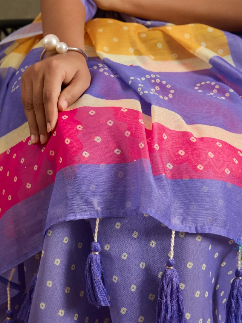 Purple Bandhani Printed Cotton Blend Deisgner Saree