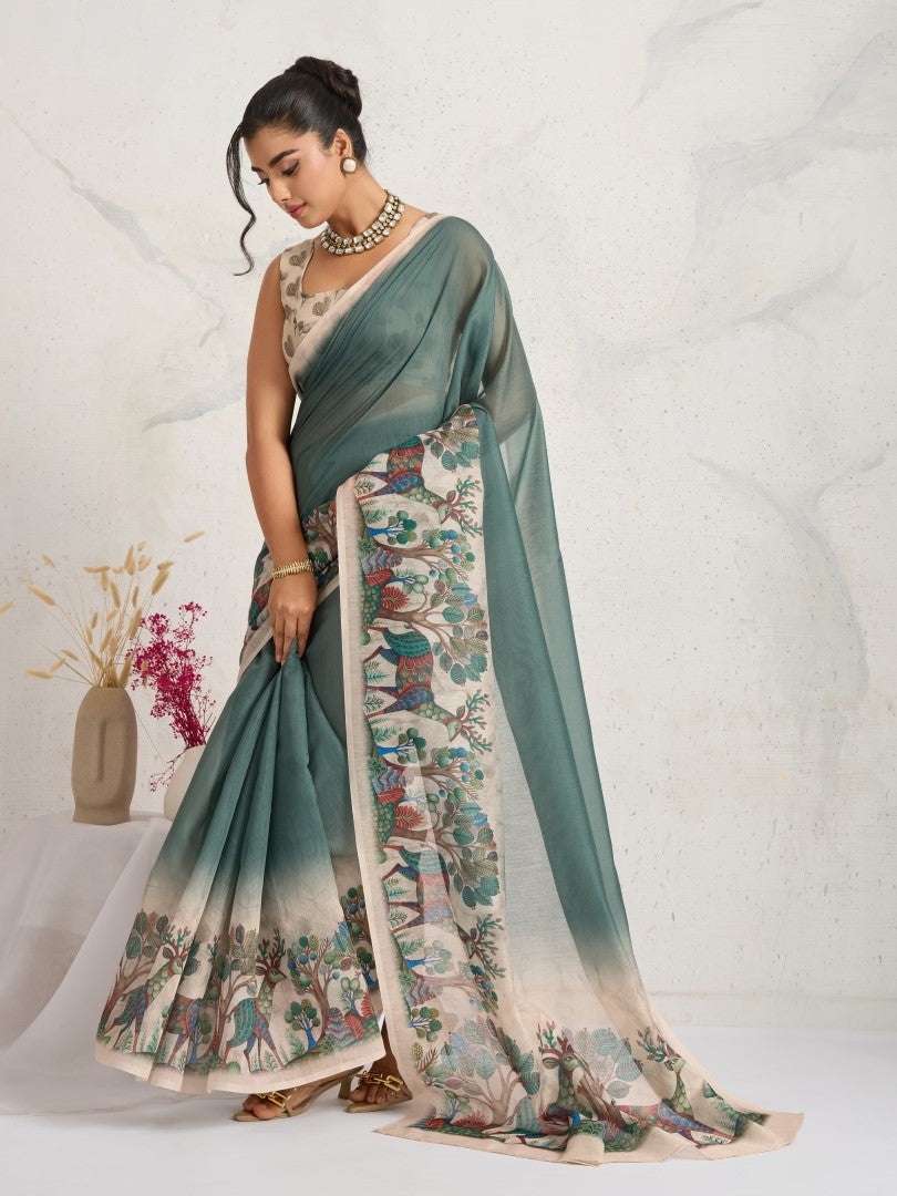 Green Ethnic Motifs Printed Cotton Blend Saree