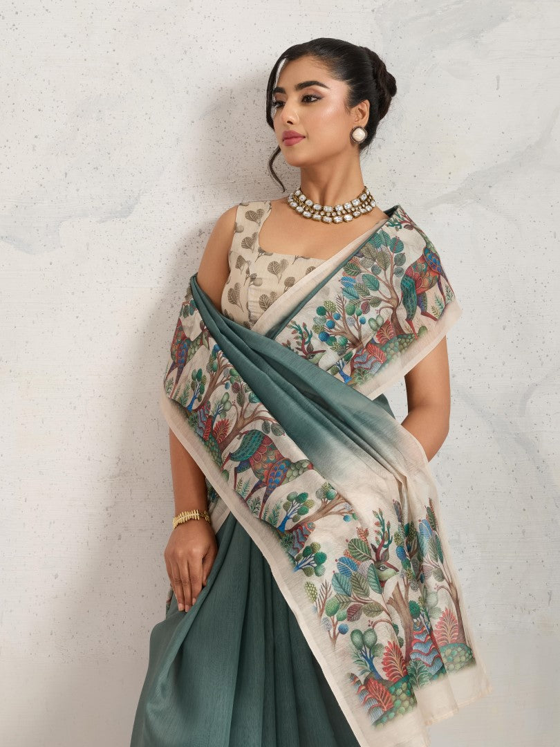 Green Ethnic Motifs Printed Cotton Blend Saree