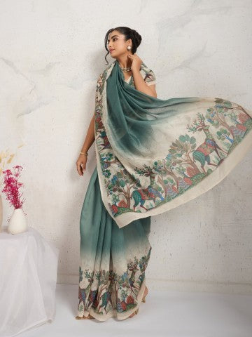 Teal Ethnic Printed Cotton Blend Ready to Wear Saree