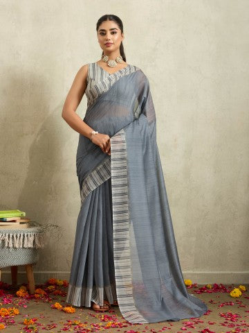 Grey Striped Cotton Blend Ready to Wear Saree