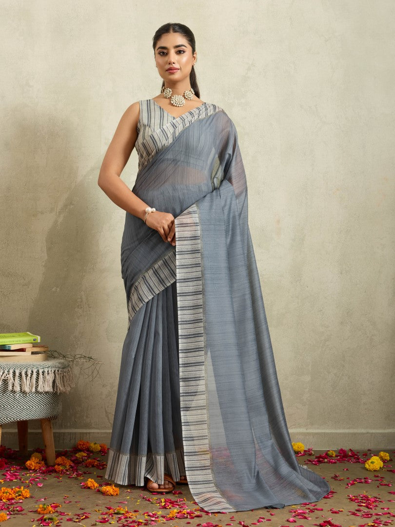 Grey Striped Cotton Blend Saree with Woven Design Border
