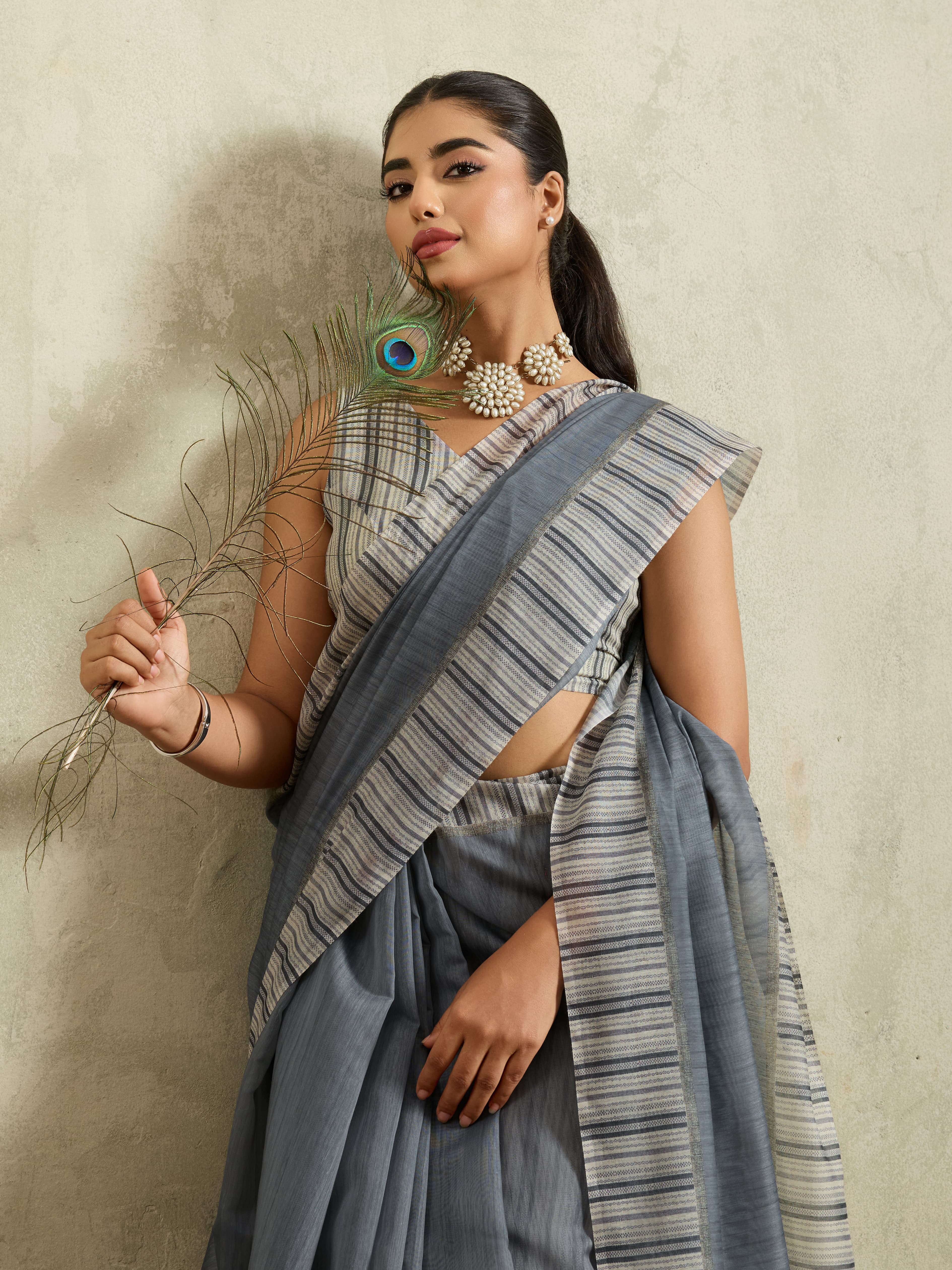 Grey Striped Cotton Blend Saree with Woven Design Border