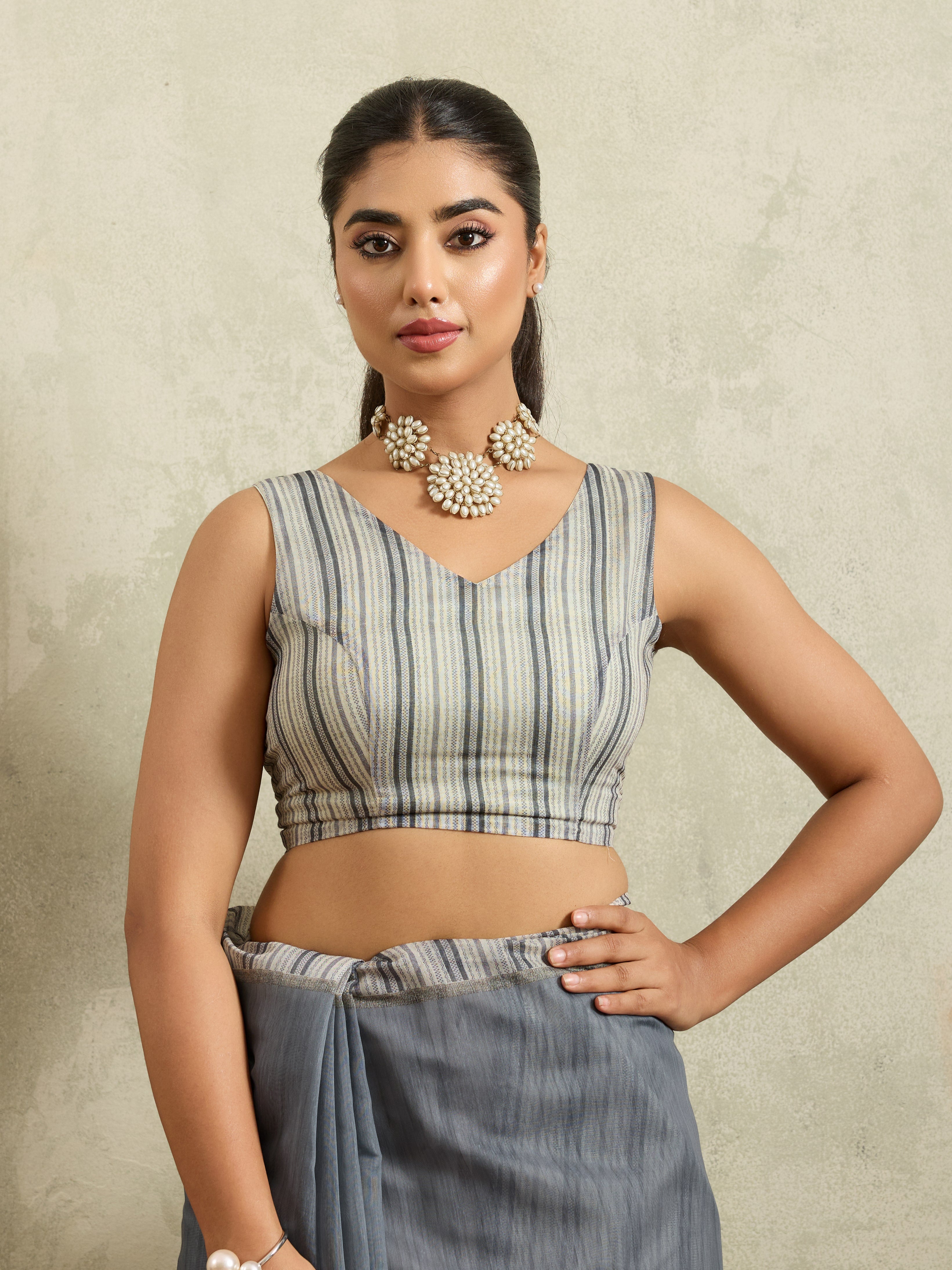 Grey Striped Cotton Blend Saree with Woven Design Border