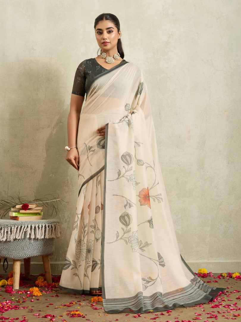 Cream Floral Printed Cotton Blend Saree