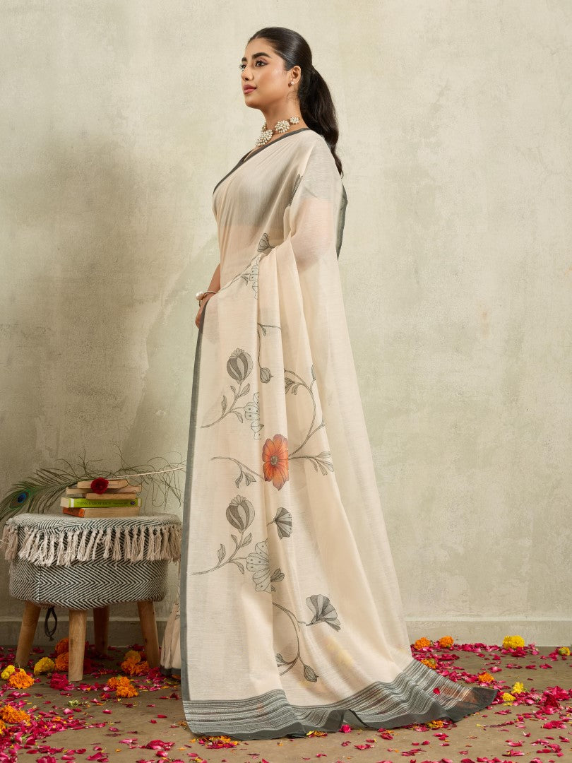 Cream Floral Printed Cotton Blend Saree