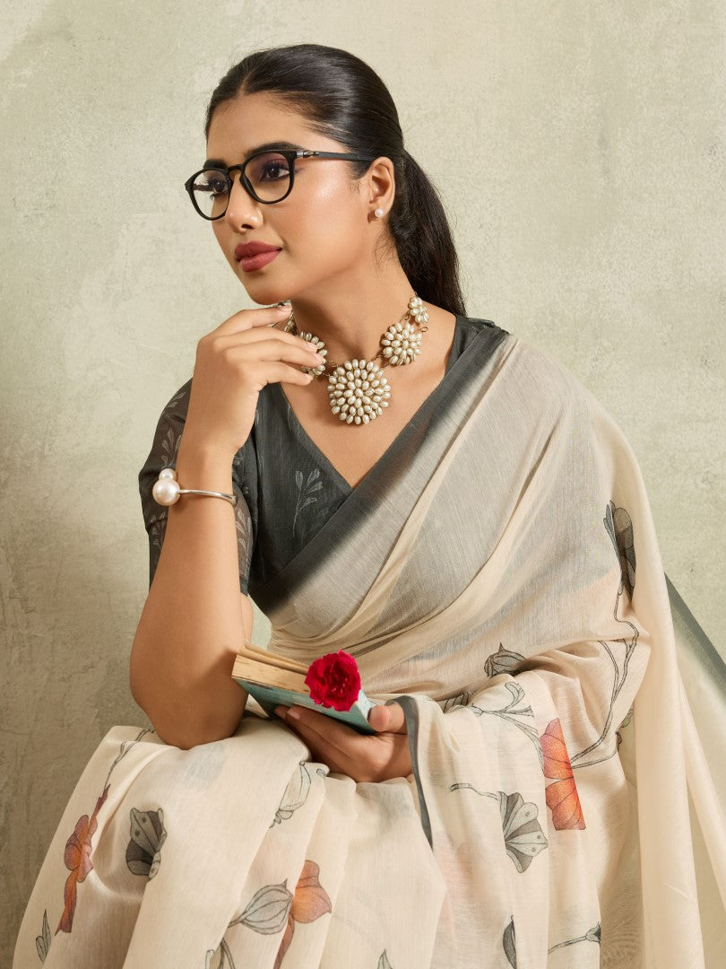 Cream Floral Printed Cotton Blend Saree