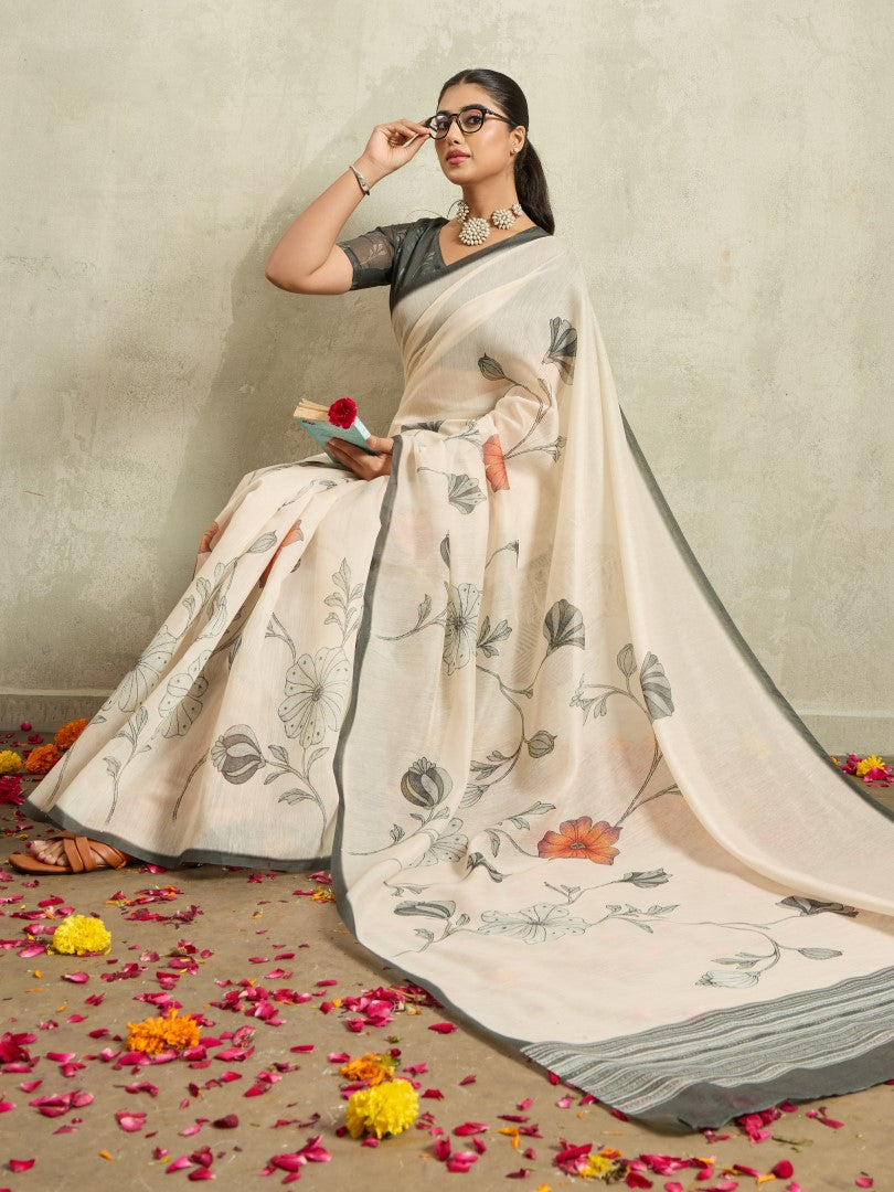 Cream Floral Printed Cotton Blend Saree