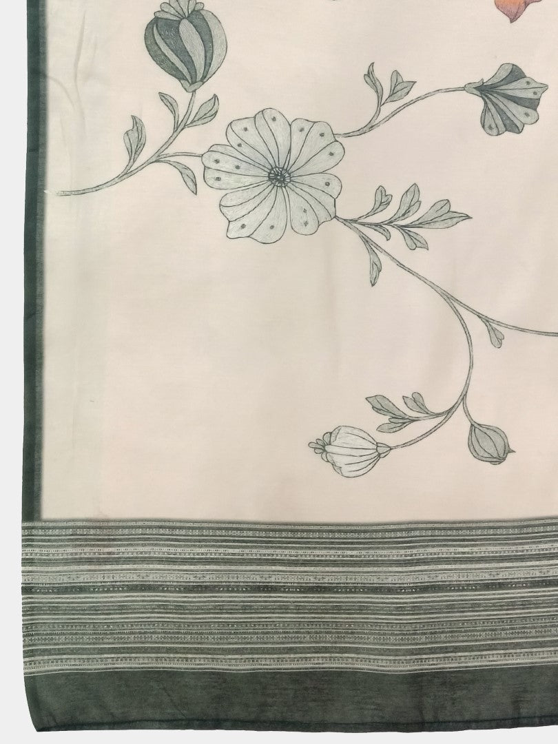 Cream Floral Printed Cotton Blend Saree