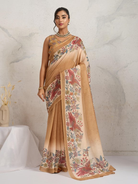 Brown Floral Printed Cotton Blend Saree
