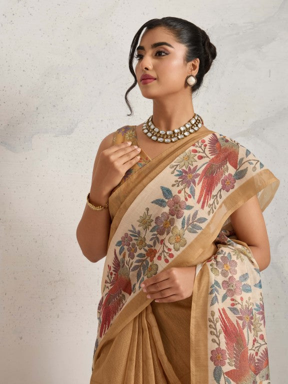 Brown Floral Printed Cotton Blend Saree
