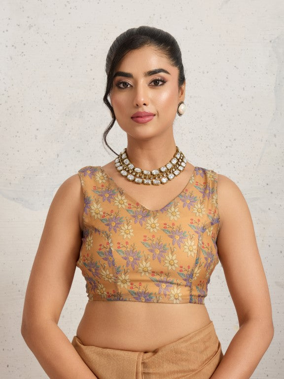 Brown Floral Printed Cotton Blend Saree