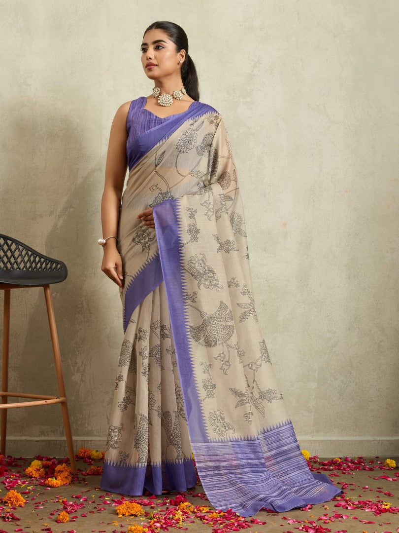 Purple Floral Printed Cotton Blend Saree with Solid Border