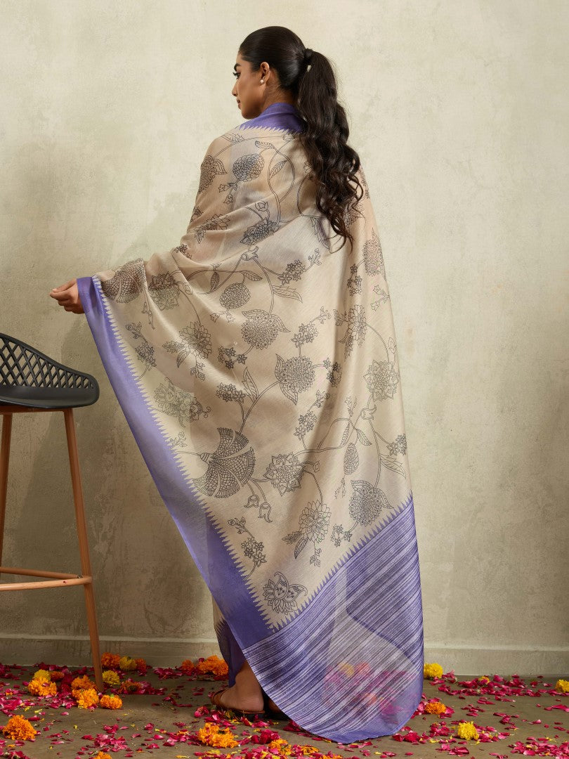 Purple Floral Printed Cotton Blend Saree with Solid Border