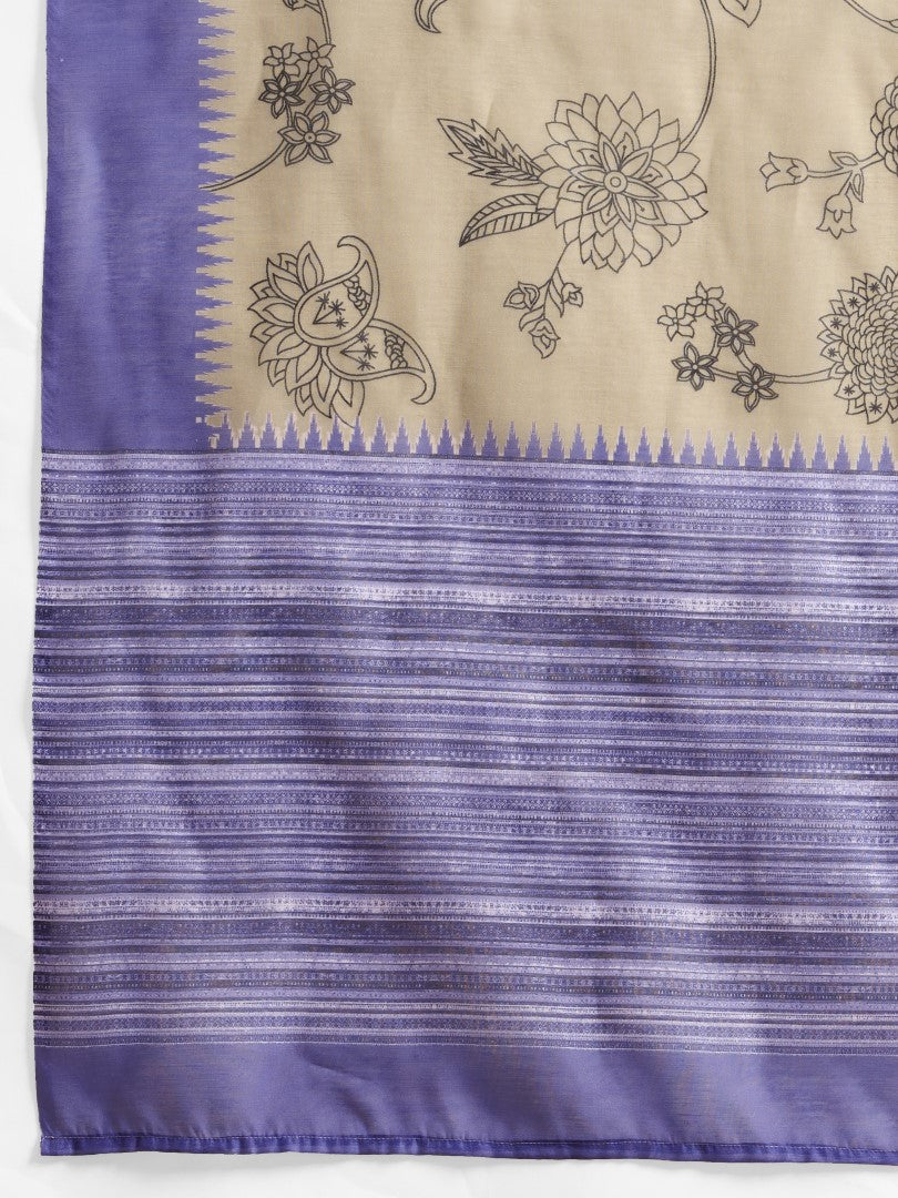 Purple Floral Printed Cotton Blend Saree with Solid Border