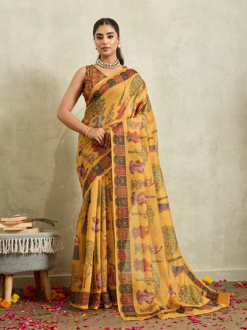 Mustard Digital Floral Printed Cotton Blend Saree