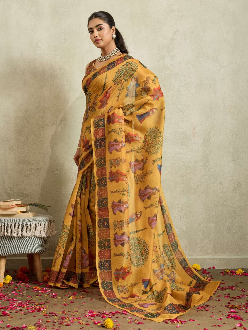 Mustard Digital Floral Printed Cotton Blend Saree