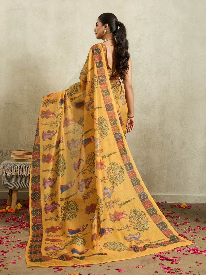 Mustard Digital Floral Printed Cotton Blend Saree