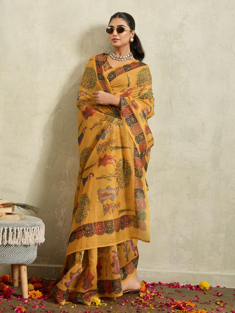 Mustard Digital Floral Printed Cotton Blend Saree