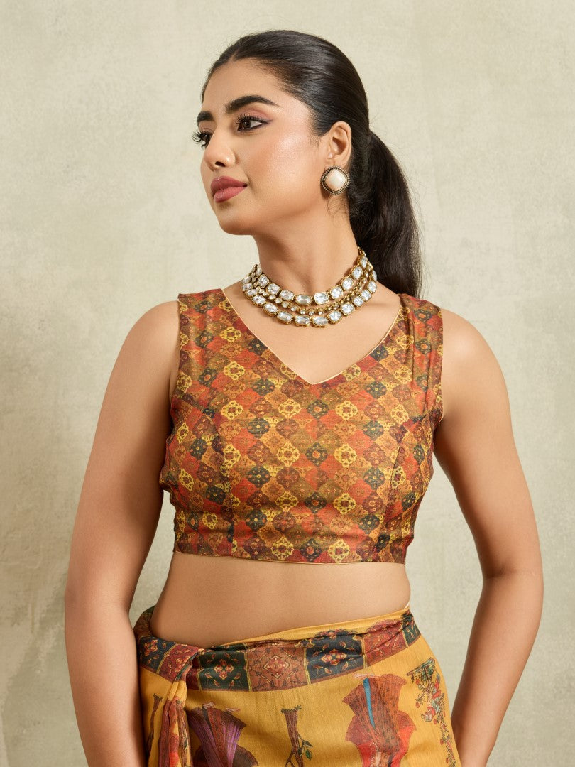 Mustard Digital Floral Printed Cotton Blend Saree