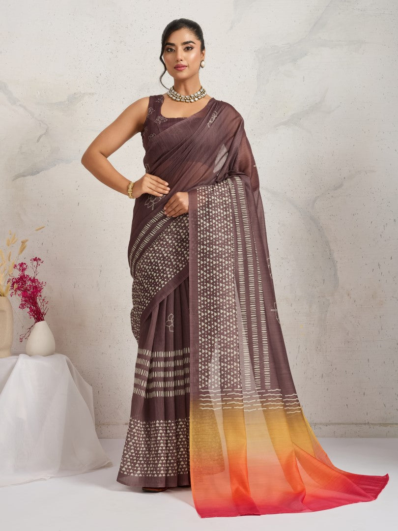 Brown Geometric Printed Cotton Blend Saree