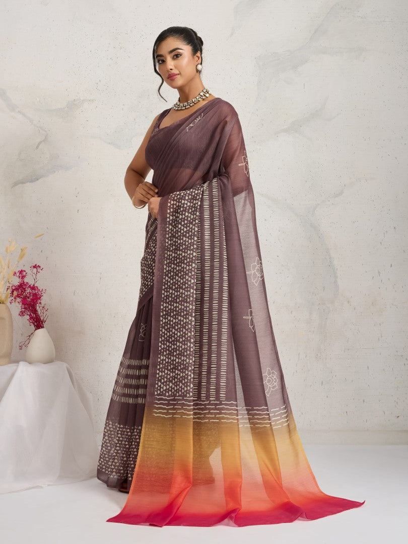 Brown Geometric Printed Cotton Blend Saree