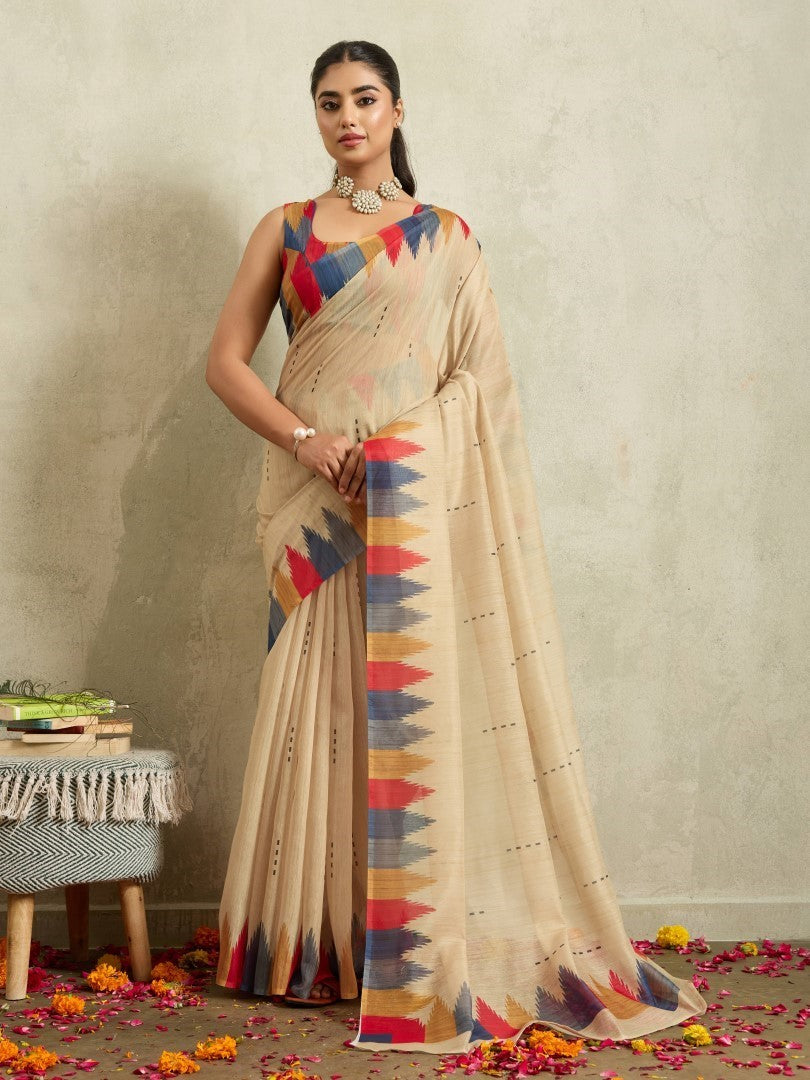 Cream Ethnic Motifs Woven Cotton Blend Saree