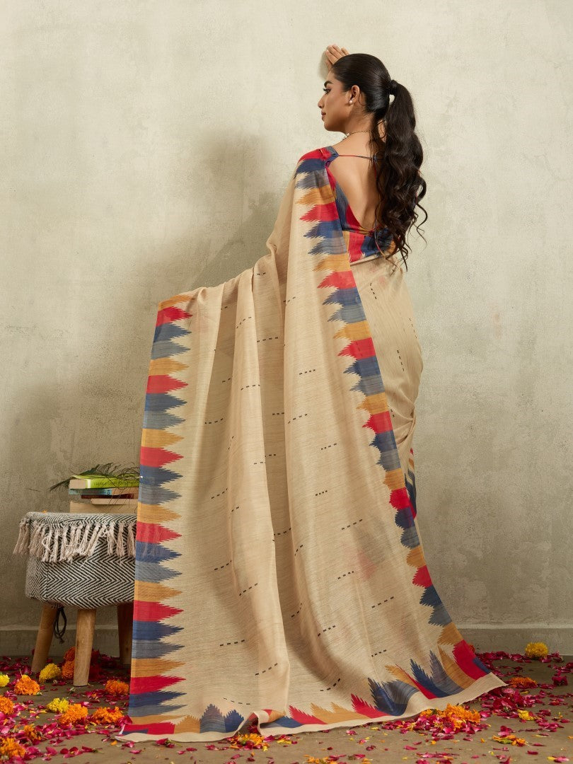 Cream Ethnic Motifs Woven Cotton Blend Saree