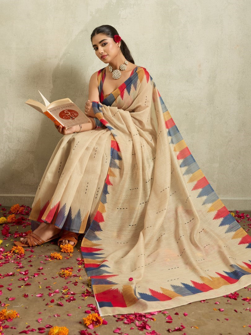 Cream Ethnic Motifs Woven Cotton Blend Saree