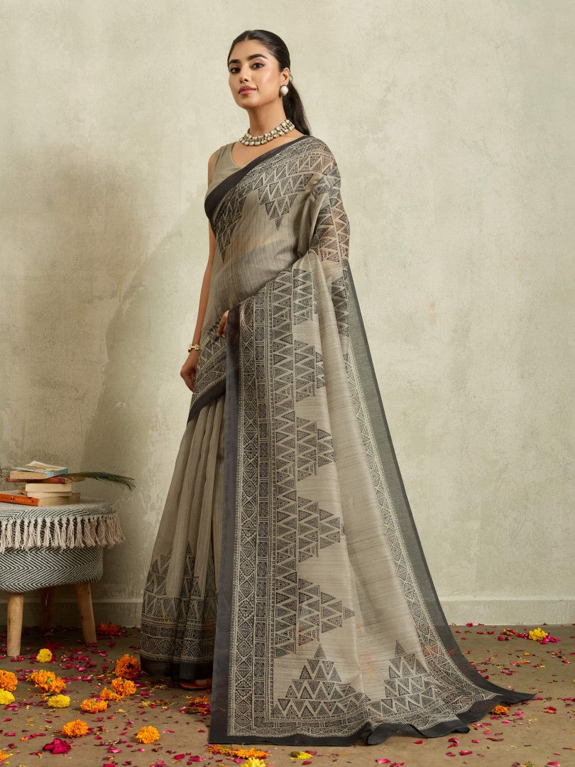 Black Digital Geometric Printed Cotton Blend Saree