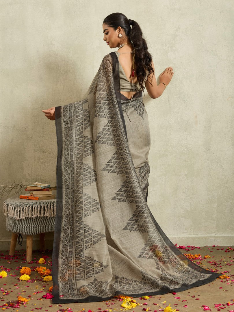 Black Digital Geometric Printed Cotton Blend Saree
