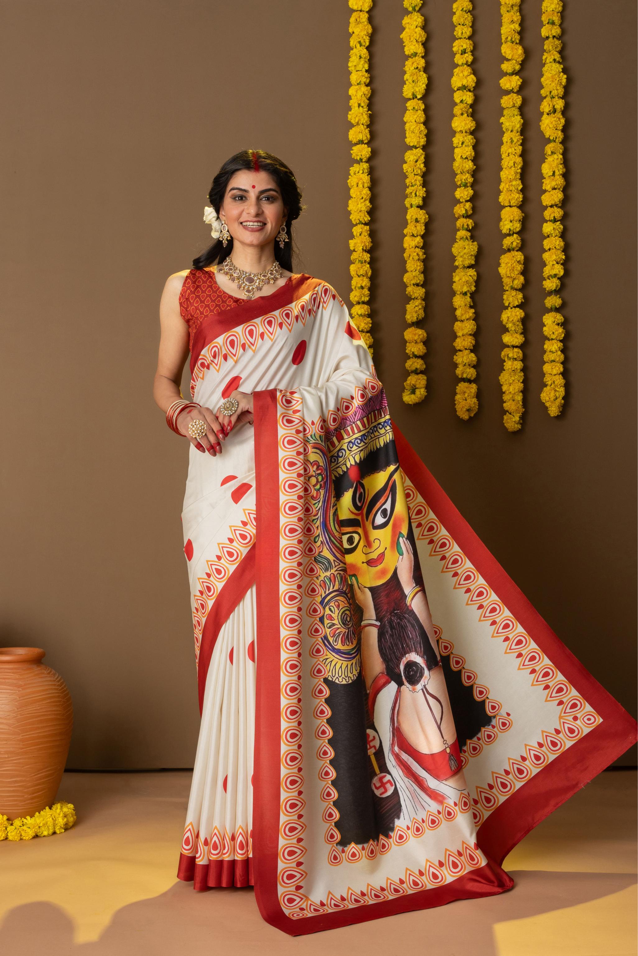 Rachna Durga Face Prints Dola Silk Saree