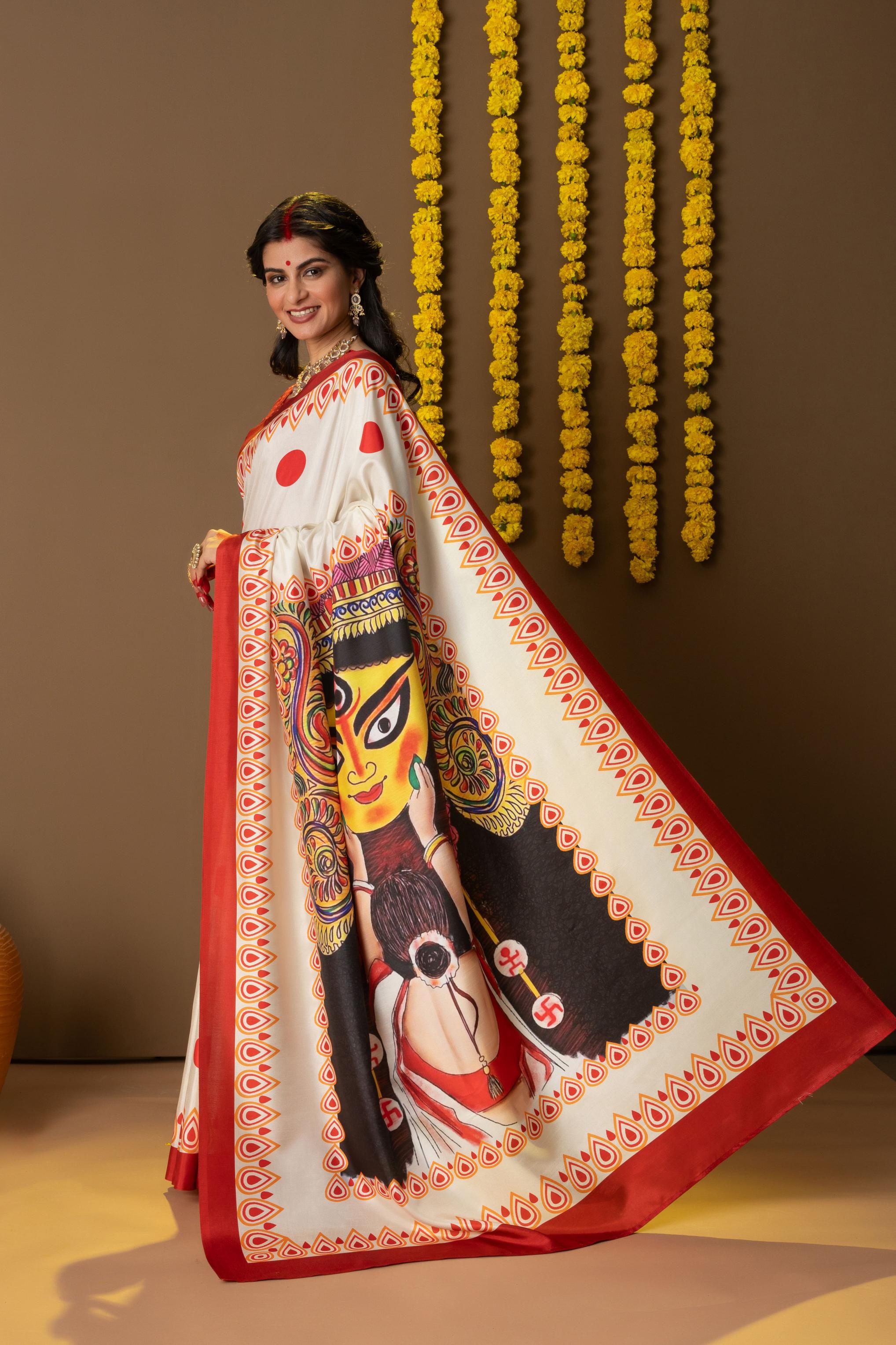 Rachna Durga Face Prints Dola Silk Saree