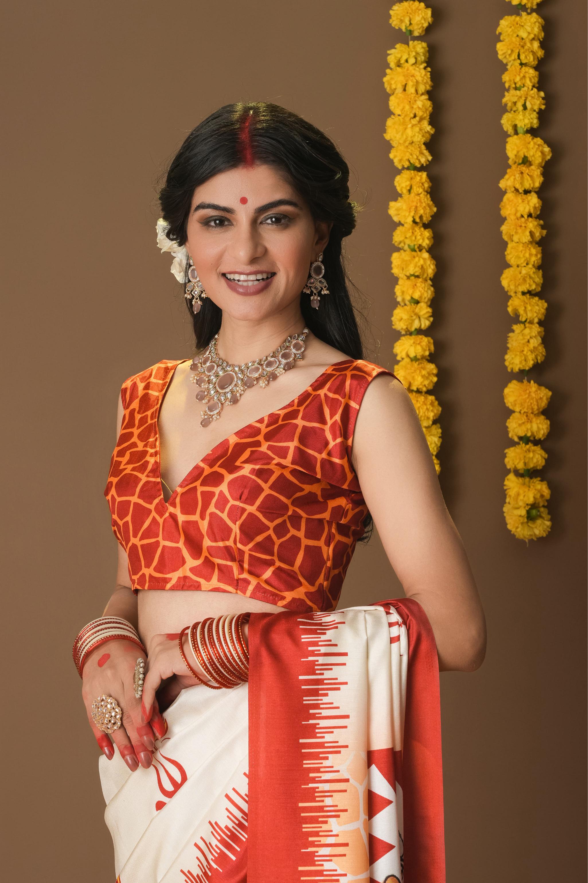 Rachna Durga Trishul Prints Dola Silk Saree