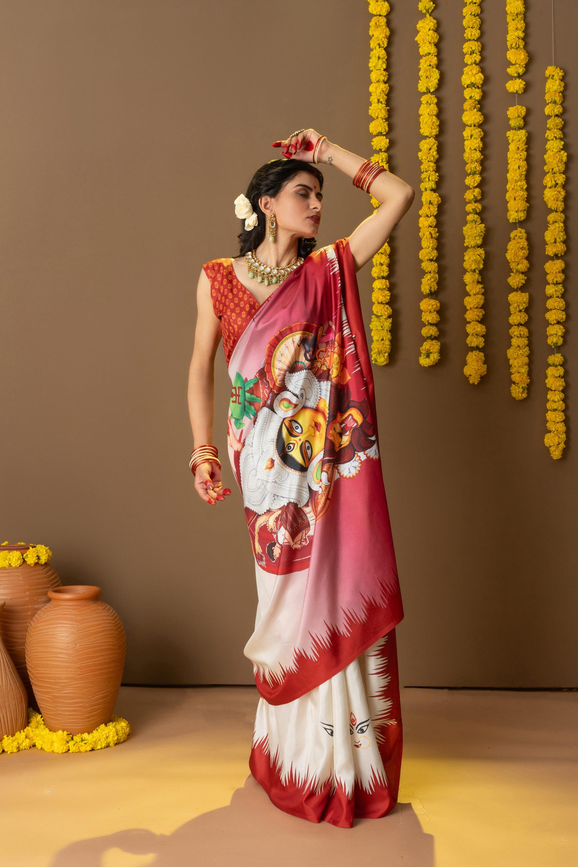Rachna Durga Face Prints Dola Silk Saree