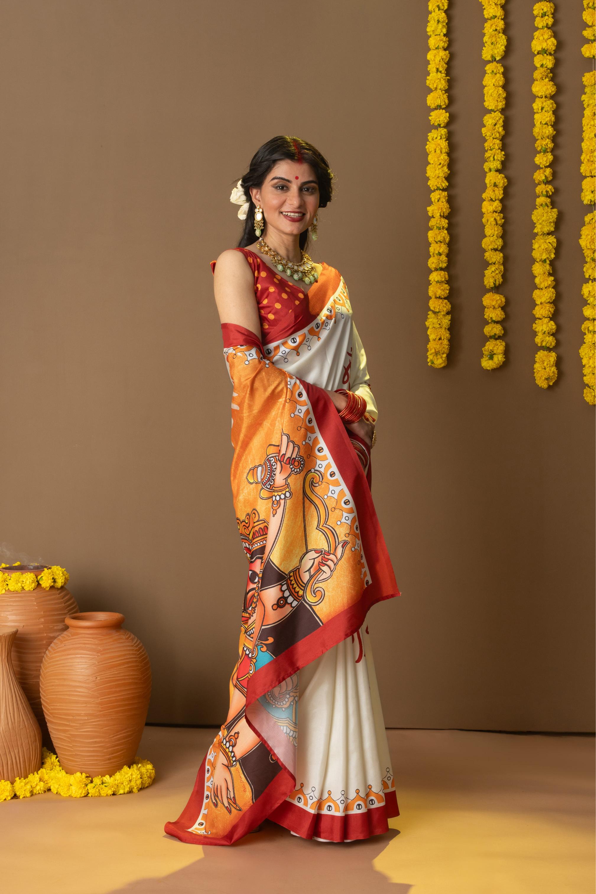 Rachna Durga Maa Prints Dola Silk Saree