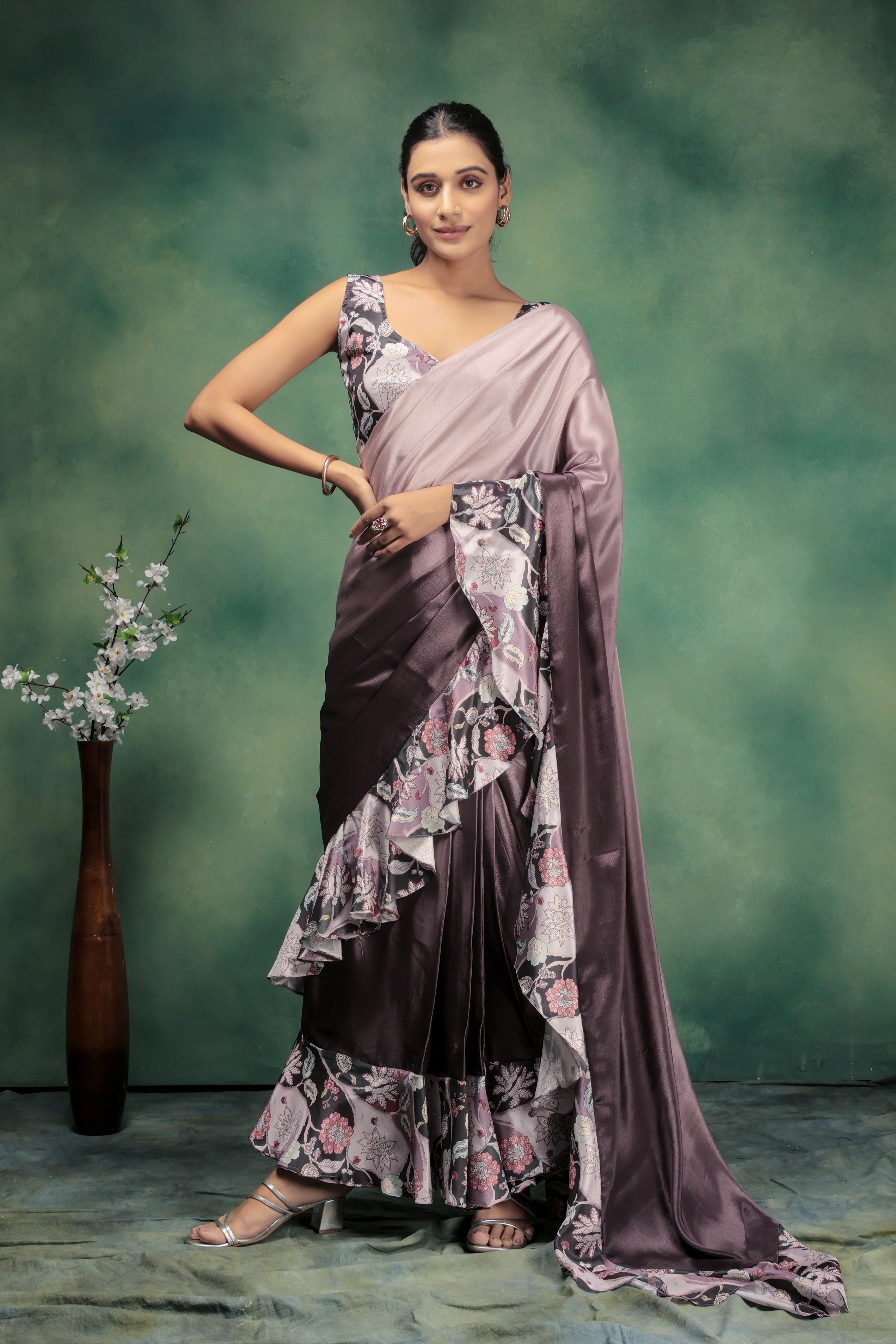 Digital Ombre Prestitched Printed Frill Ready To Wear Saree