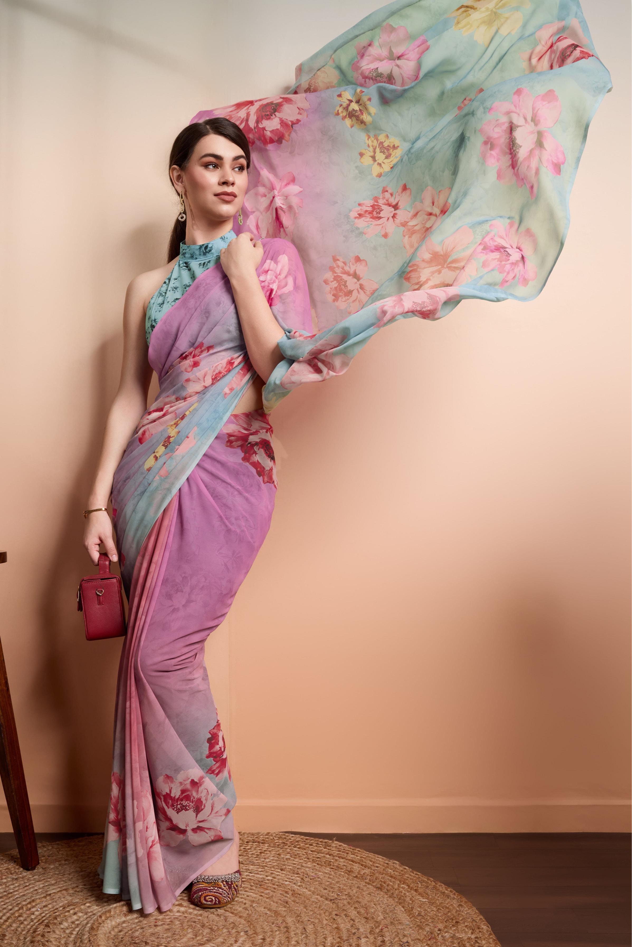 Onra Digital Floral Printed Weightless Georgette Ready to Wear Saree