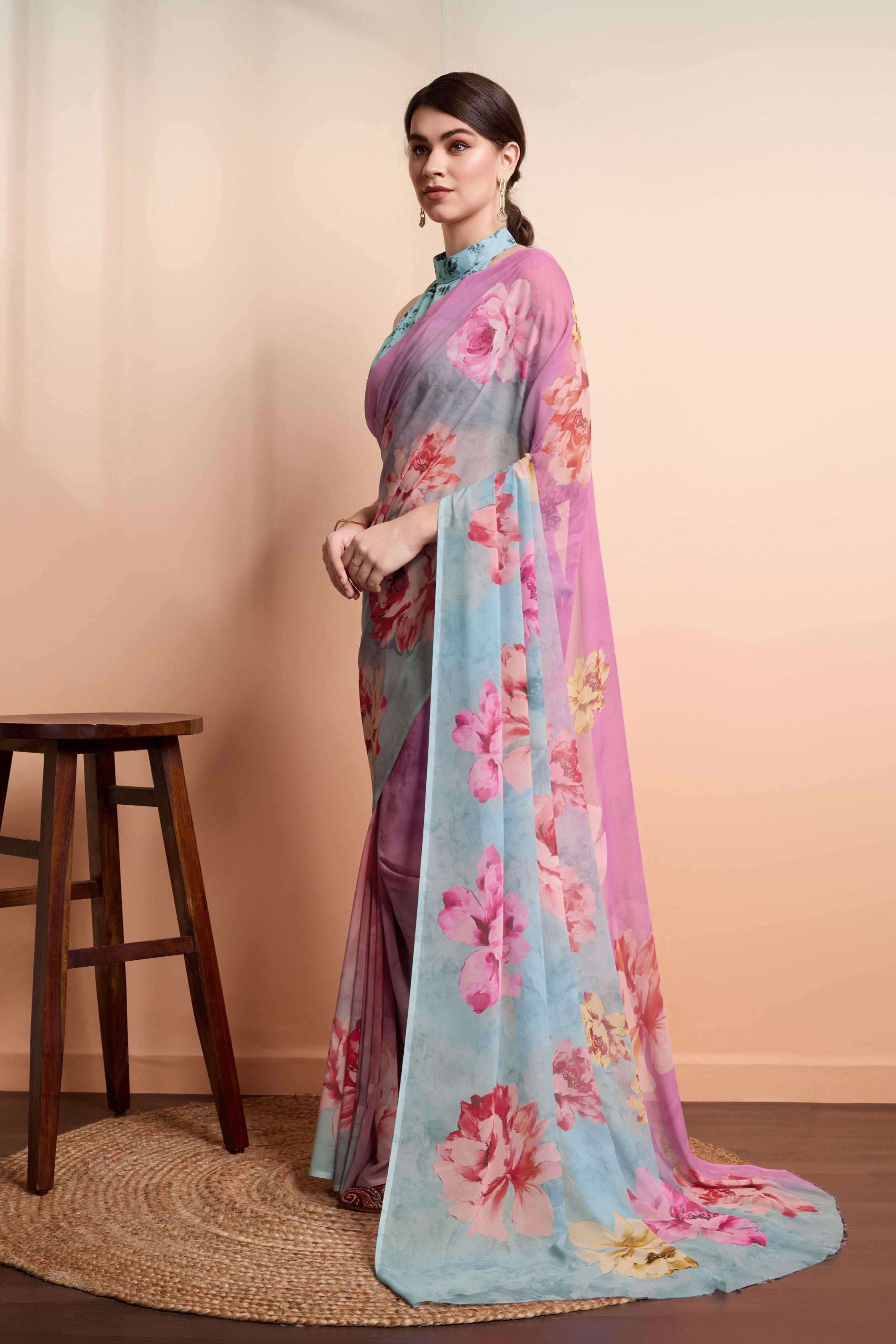 Onra Digital Floral Printed Weightless Georgette Ready to Wear Saree