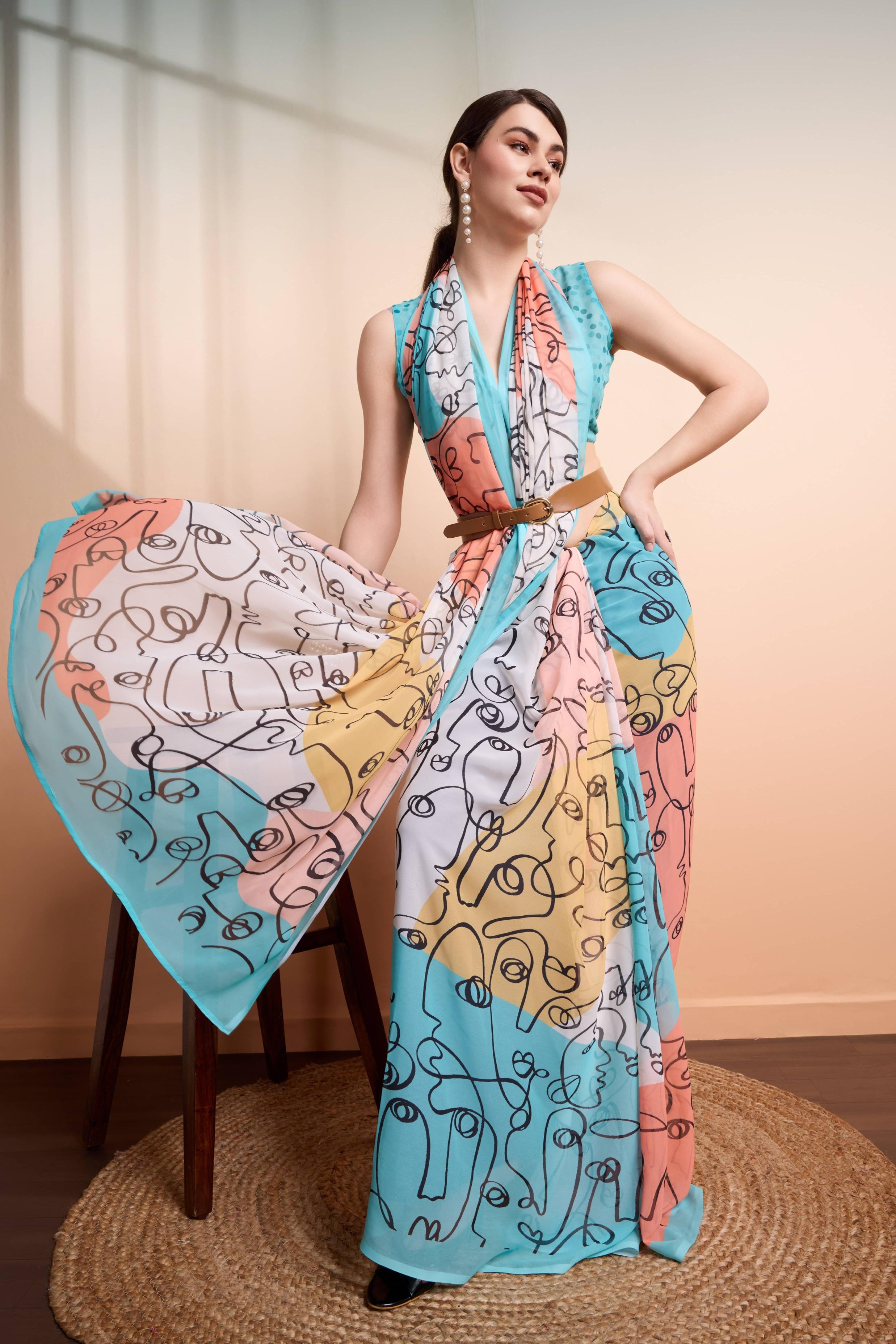RACHNA  Worli Face Prints Multicolor Weightless Pure Georgette Ready to Wear Saree