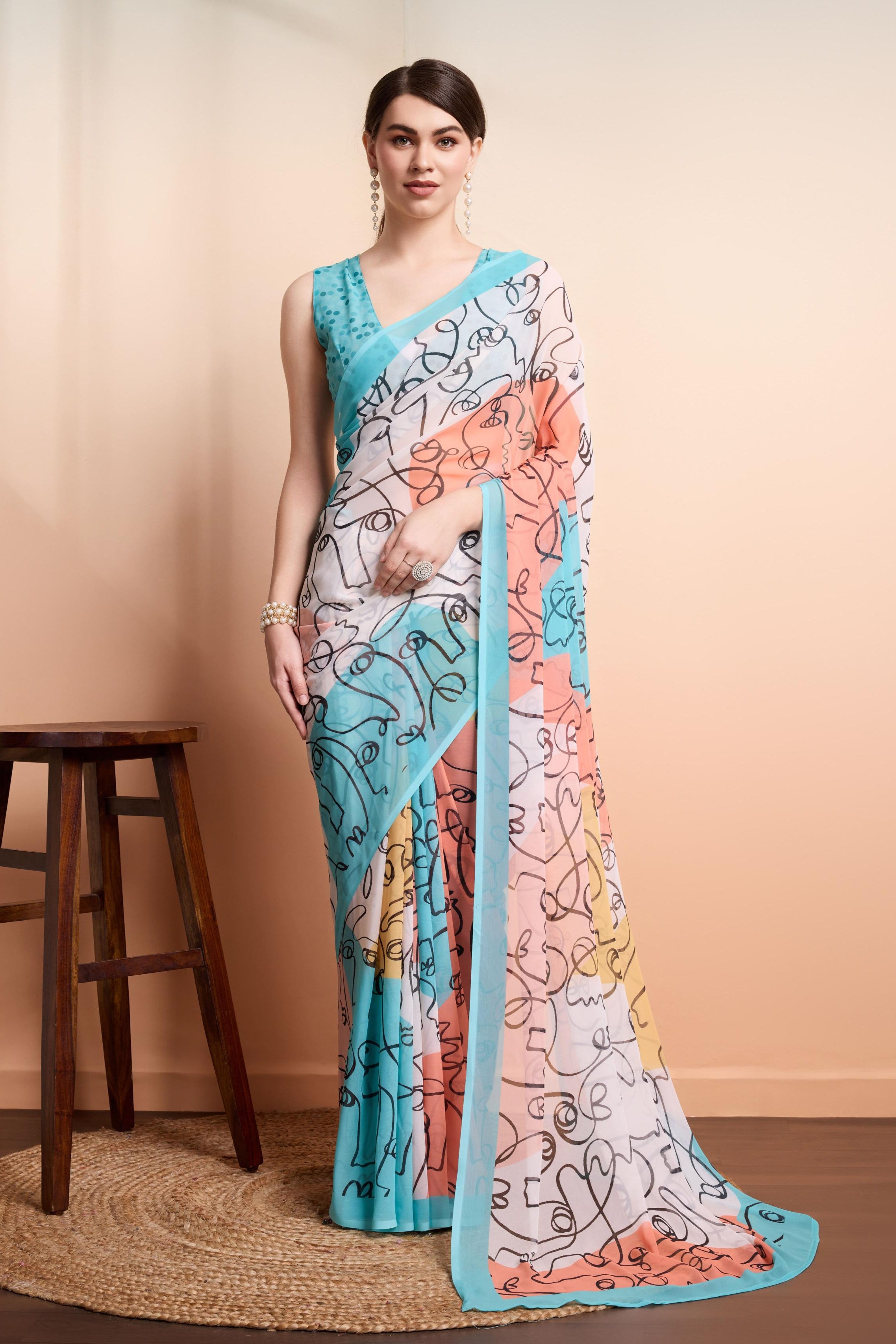RACHNA  Worli Face Prints Multicolor Weightless Pure Georgette Ready to Wear Saree