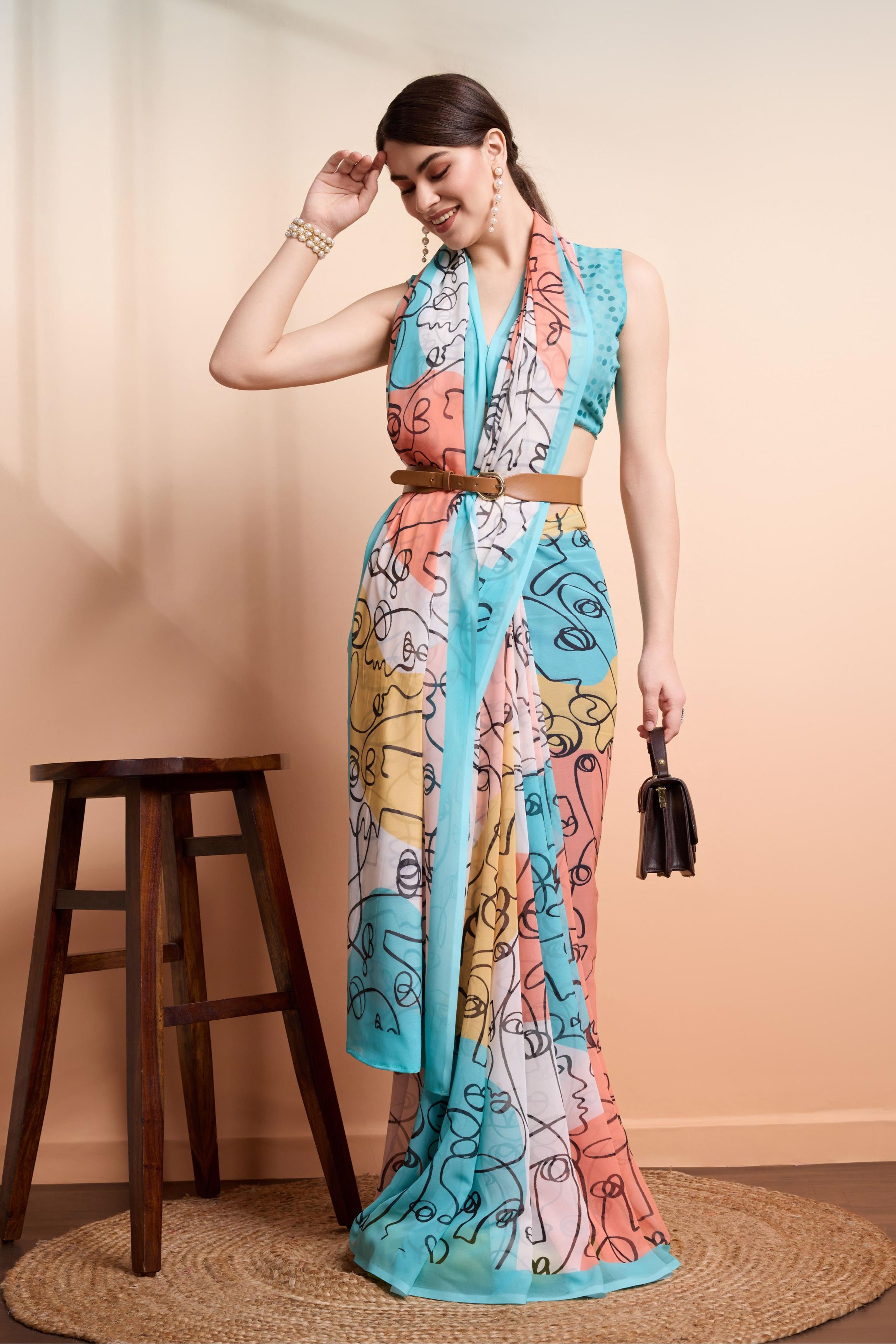 RACHNA  Worli Face Prints Multicolor Weightless Pure Georgette Ready to Wear Saree
