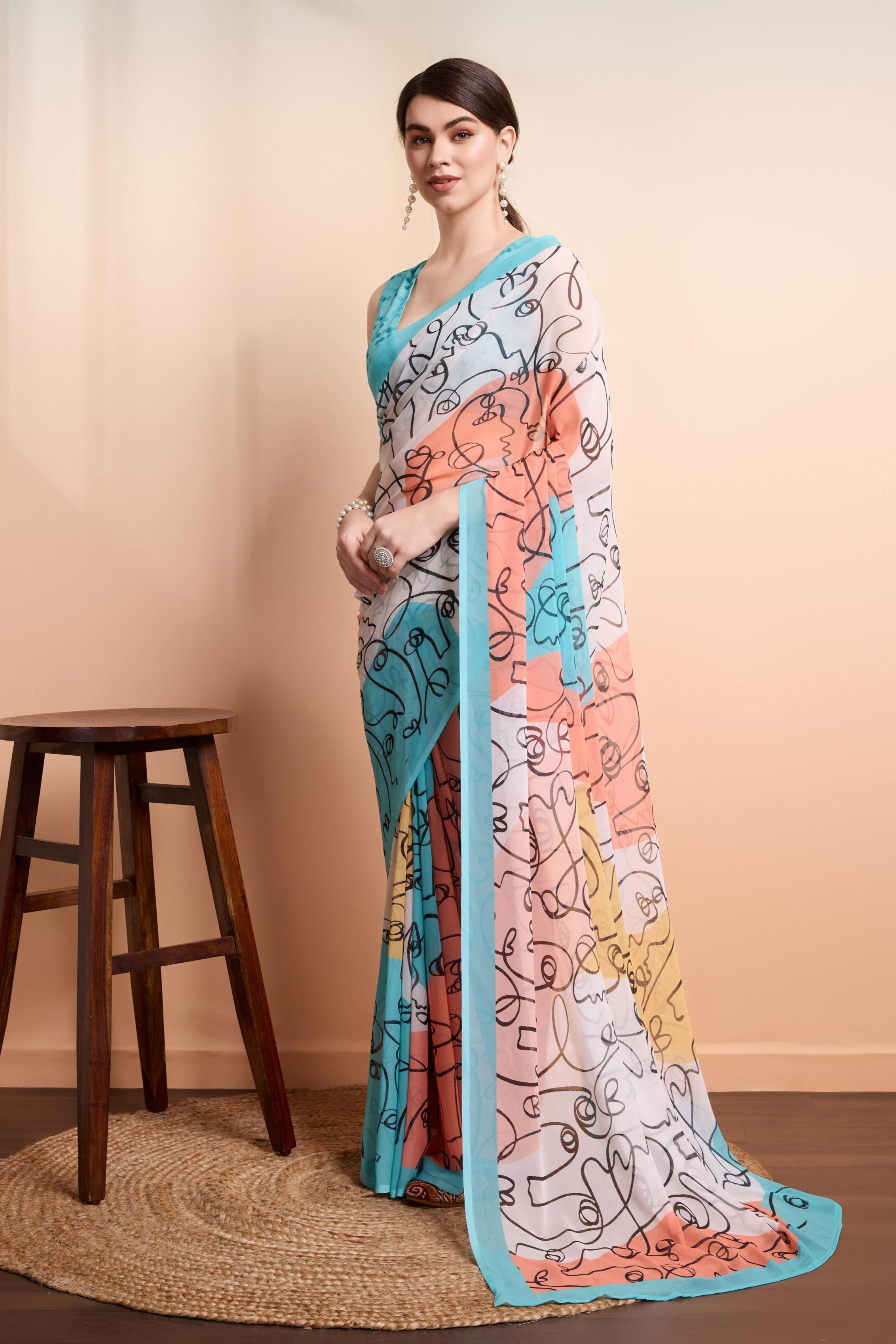 RACHNA  Worli Face Prints Multicolor Weightless Pure Georgette Ready to Wear Saree