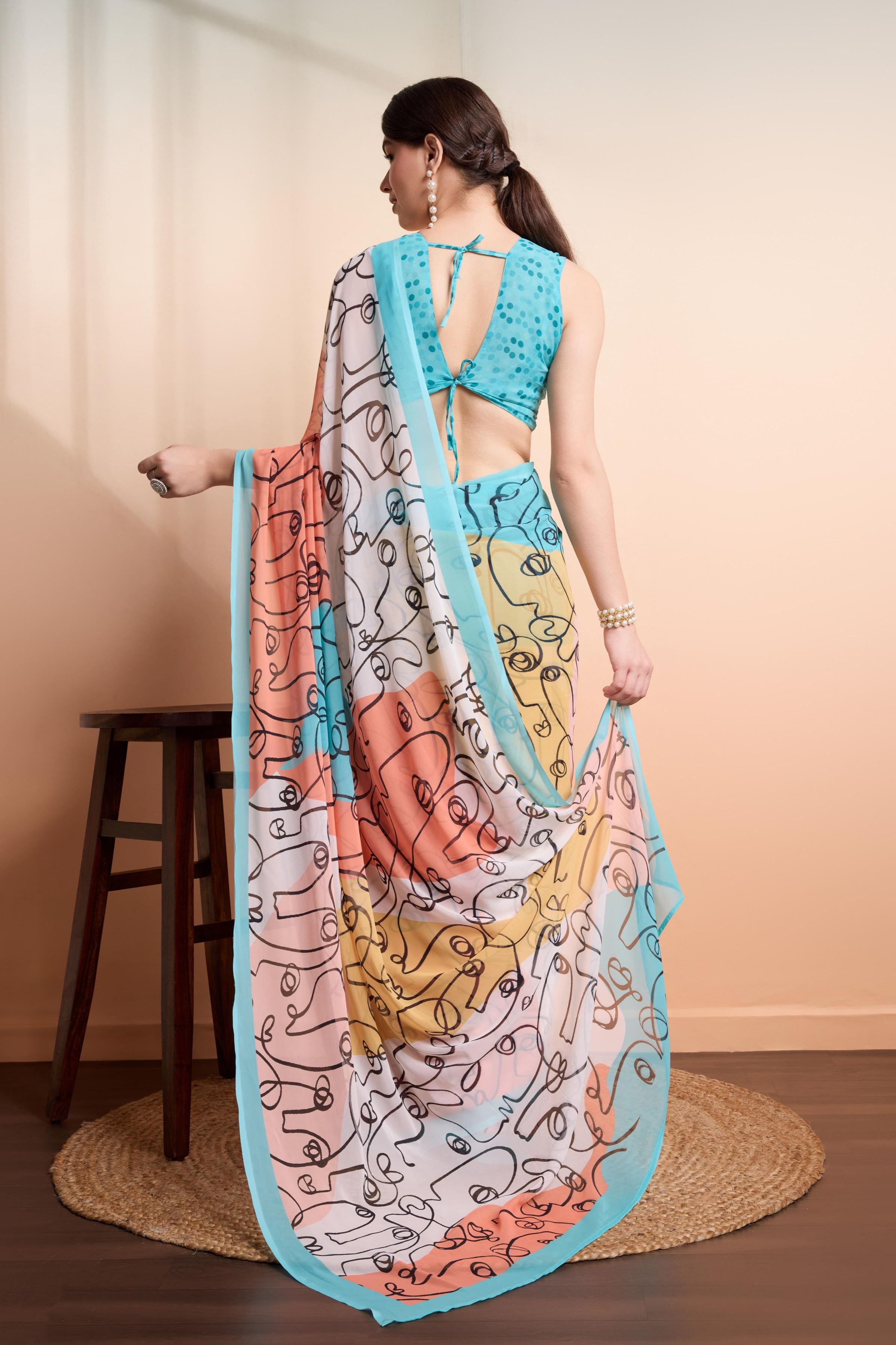 RACHNA  Worli Face Prints Multicolor Weightless Pure Georgette Ready to Wear Saree