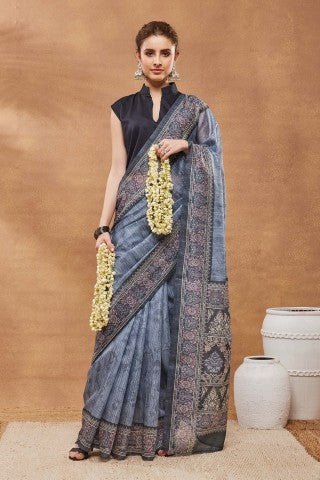 Grey Ethnic Motifs Printed Silk Blend Party Wear Saree
