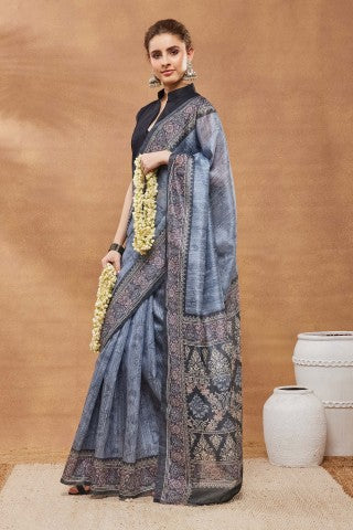 Grey Ethnic Motifs Printed Silk Blend Party Wear Saree