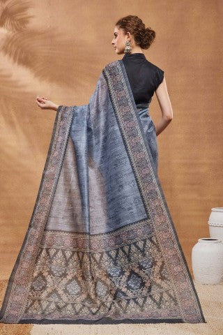 Grey Ethnic Motifs Printed Silk Blend Party Wear Saree