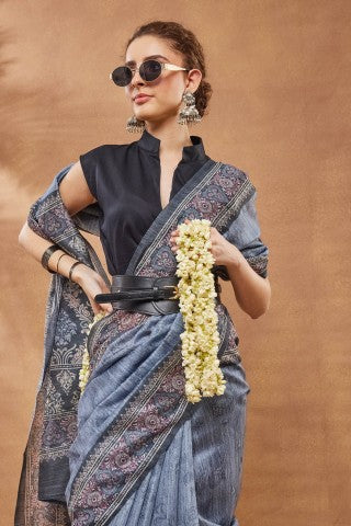 Grey Ethnic Motifs Printed Silk Blend Party Wear Saree