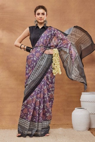 Purple Color Printed Silk Blend Ready to Wear Saree
