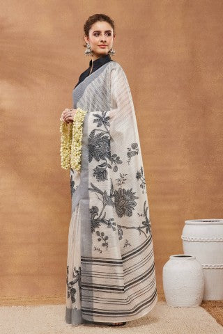 Off White Floral Printed Silk Blend Party Wear Designer Saree